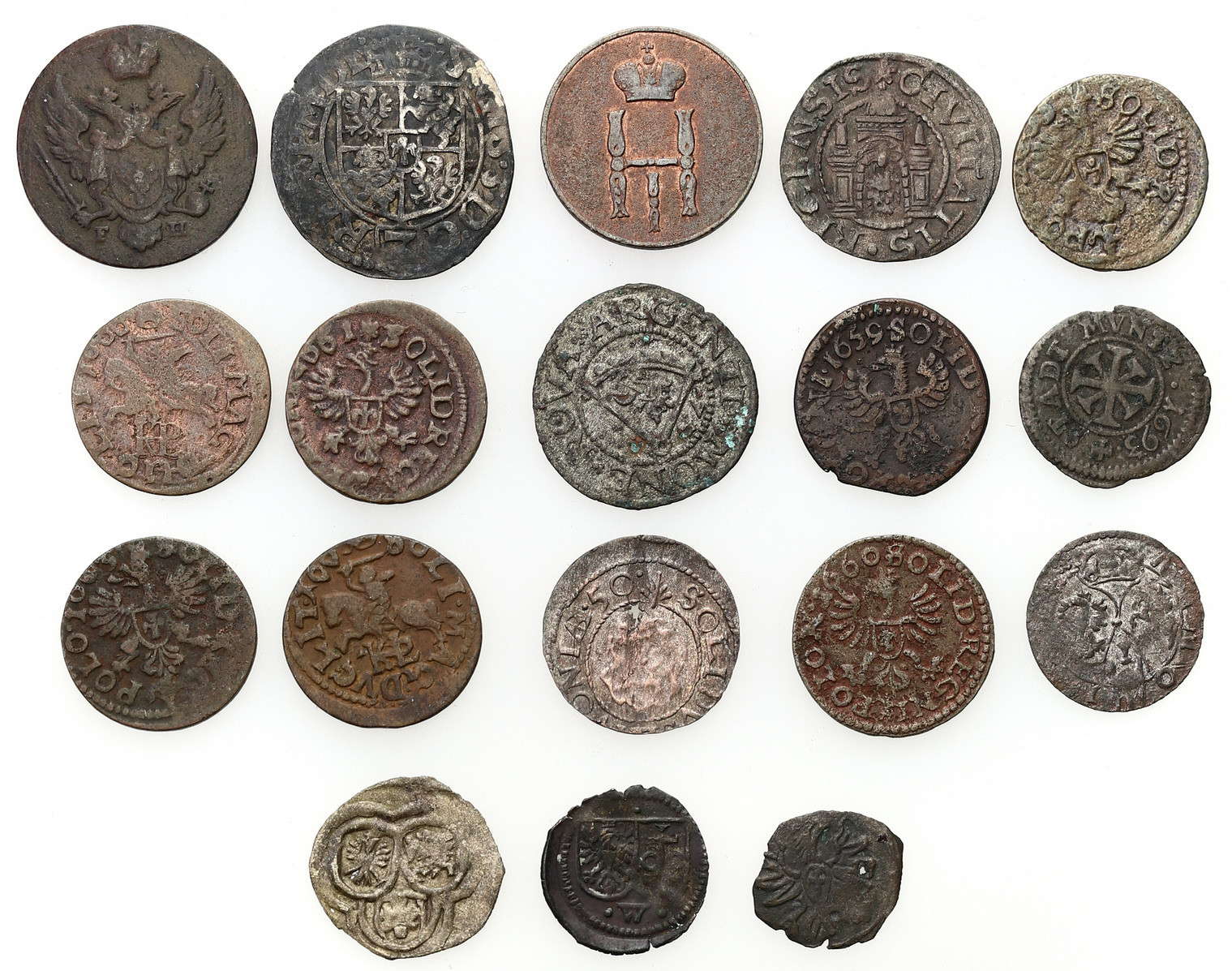 Polska XVI-XVIII wiek. Denar, półtorak, trzeciak, szeląg, grosz, zestaw 18 monet